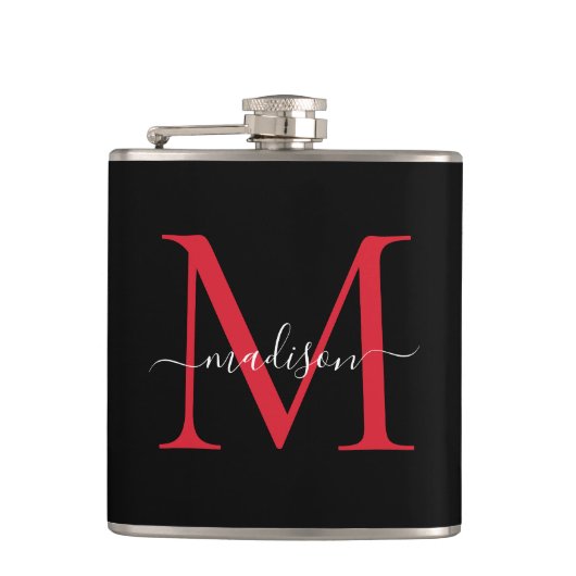 Zwart Rode Bourgogne Monogram Stijlvolle Script Na Heupfles (Voorkant)