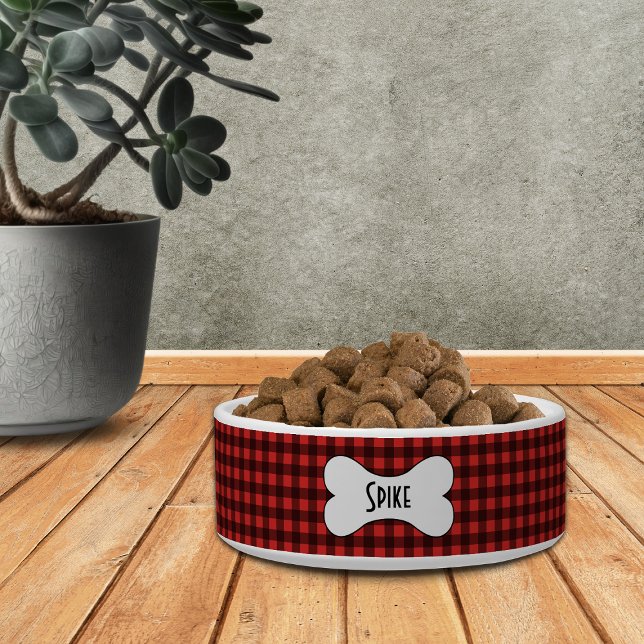 Zwart-rode buffels met naam in hondenbont voerbakje (Creator heeft geüpload)
