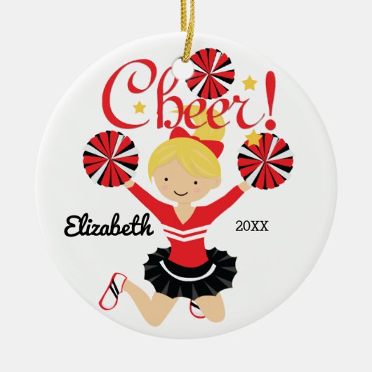 Zwart & Rode Cheer Blond Cheerleader Ornament (Voorkant)