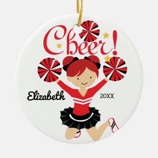 Zwart & Rode Cheer Rode Haar Cheerleader Ornament (Voorkant)
