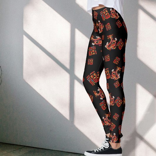 Zwart Rode Draak Chinees Nieuwjaar Lucky Symbool 福 Leggings