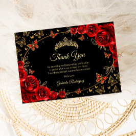 Zwart Rode Gouden Quinceanera Bedankkaart