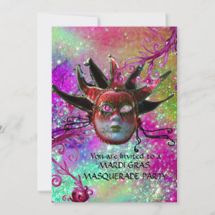 ZWART  RODE JESTER MASKER ,Carnavalsfeest Goud Kaart
