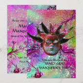 ZWART RODE JESTER MASKER ,Carnavalsfeest Goud Kaart (Voorkant / Achterkant)