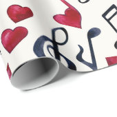 Zwart-rode muzieknoten op wit cadeaupapier (Rol Hoek)