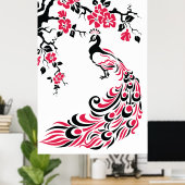 Zwart-rode pauw en kersenbloesems poster (Thuiskantoor)