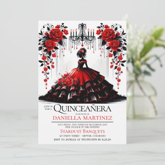 Zwart & Rode Quinceañera Meisje Kaart (Staand voorkant)