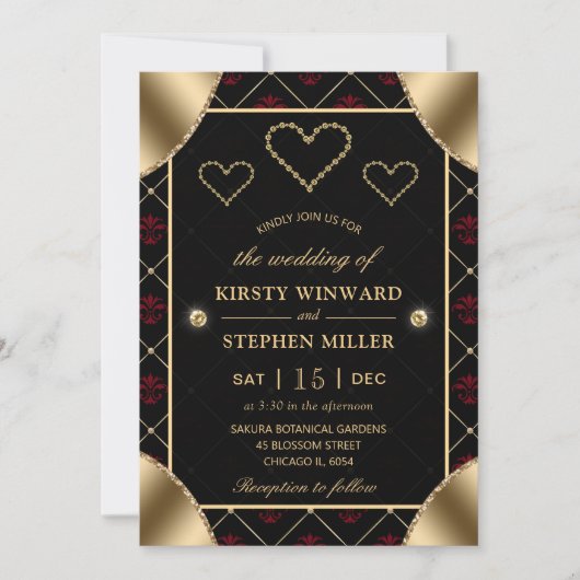Zwart & Rode Roos Patroon & Gouden Diamanten Trouw Kaart (Voorkant)