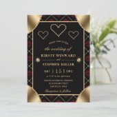 Zwart & Rode Roos Patroon & Gouden Diamanten Trouw Kaart (Staand voorkant)
