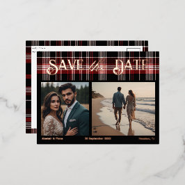 Zwart & Rode Schotse Tartan Save the Date Folie Uitnodiging Briefkaart