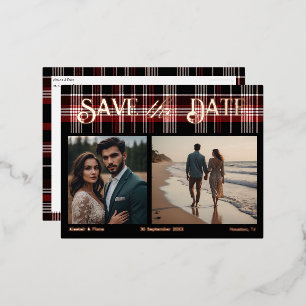 Zwart & Rode Schotse Tartan Save the Date Folie Uitnodiging Briefkaart