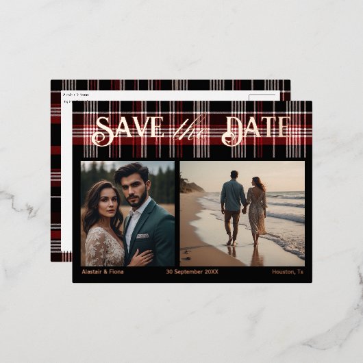 Zwart & Rode Schotse Tartan Save the Date Folie Uitnodiging Briefkaart (Voorkant / Achterkant)