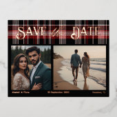 Zwart & Rode Schotse Tartan Save the Date Folie Uitnodiging Briefkaart (Voorkant)