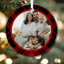 Zwart-Rode Tartan Schotse Ruit Familie Foto Orname Metalen Ornament