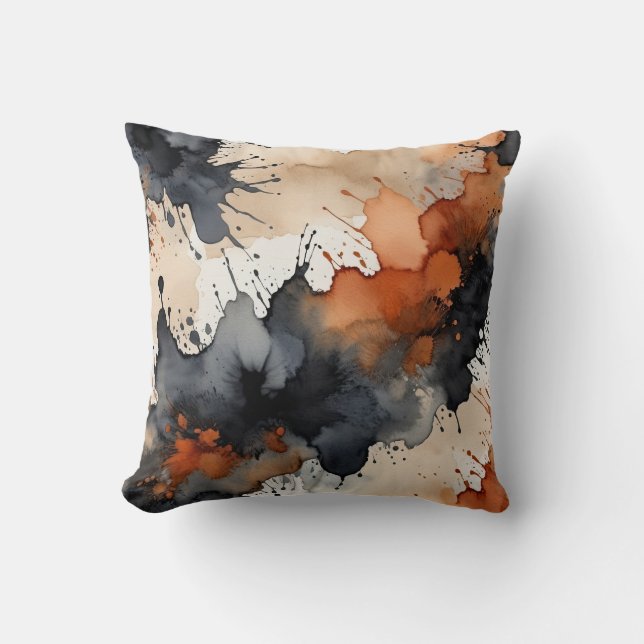 Zwart, Roest, grijs en beige waterverf abstract Kussen (Voorkant)