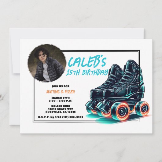 Zwart Rollerblades Blauw Glow Wielen Verjaardagsfe Kaart (Voorkant)