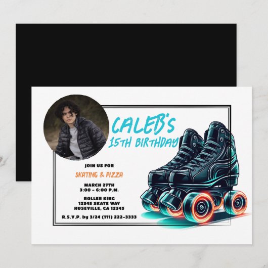 Zwart Rollerblades Blauw Glow Wielen Verjaardagsfe Kaart (Voorkant / Achterkant)