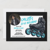 Zwart Rollerblades Blauw Glow Wielen Verjaardagsfe Kaart (Voorkant)