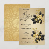 Zwart Romantisch Gouden Orchideeën Bloemen Bruilof Kaart (Voorkant / Achterkant)