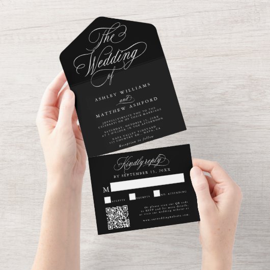 Zwart Romantisch Swirly Calligrafie Bruiloft All In One Uitnodiging (Afscheurbaar)