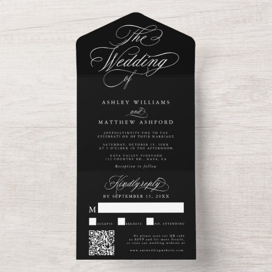 Zwart Romantisch Swirly Calligrafie Bruiloft All In One Uitnodiging (Binnen)