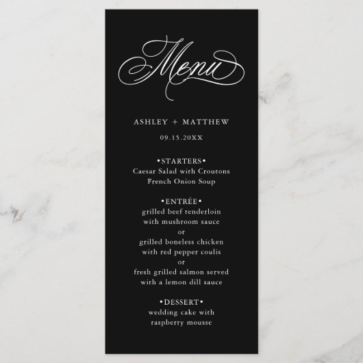 Zwart Romantisch Swirly Calligrafie Bruiloft Menu (Voorkant)