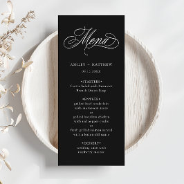 Zwart Romantisch Swirly Calligrafie Bruiloft Menu