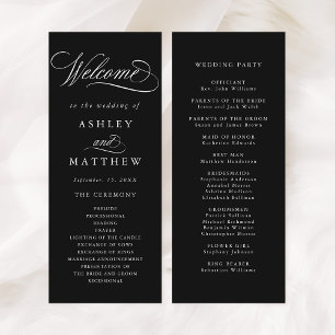 Zwart Romantisch Swirly Calligrafie Huwelijkscerem Programmakaart