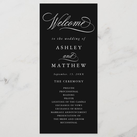 Zwart Romantisch Swirly Calligrafie Huwelijkscerem Programmakaart (Voorkant)