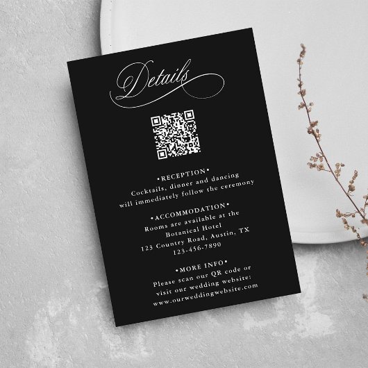 Zwart Romantische Kalligrafie QR Code Bruiloft Det Informatiekaartje