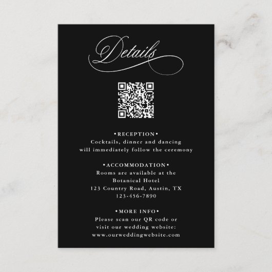 Zwart Romantische Kalligrafie QR Code Bruiloft Det Informatiekaartje (Voorkant)