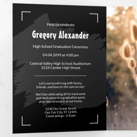 Zwart rond Abstract penseelfoto-Afstuderen Drieluik Uitnodiging (Binnenzijde eerst)