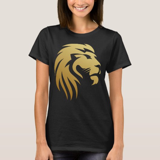 Zwart Ronde Hals T-Shirt met Gouden Leeuw Gezicht  (Voorkant)