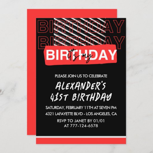 Zwart Rood 41ste verjaardag Uitnodigingen Mannen (Voorkant / Achterkant)