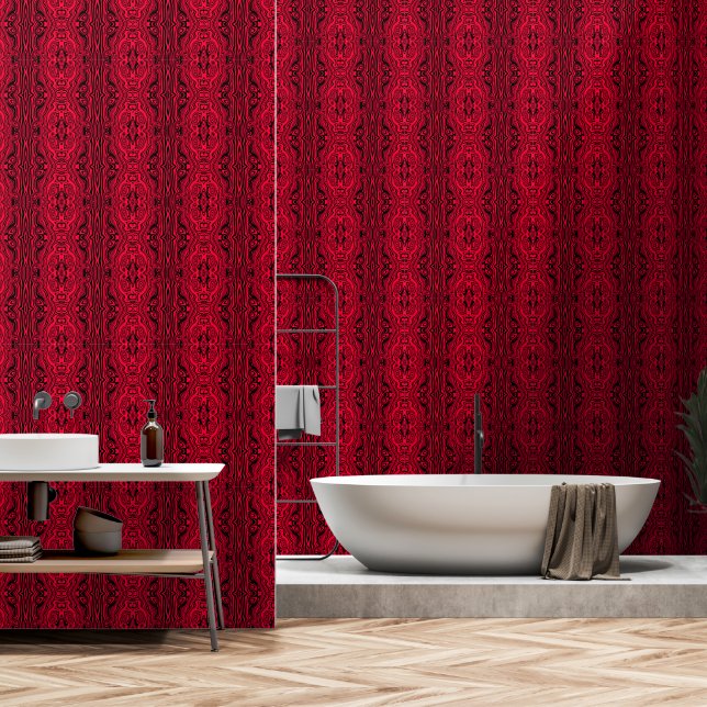 Zwart Rood Abstract Waves Patroon Aangepaste kleur Behang (Badkamer)