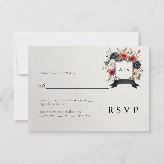 Zwart Rood Anemoon Wapen Wedding RSVP Kaart (Voorkant)