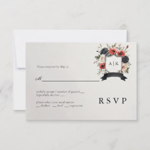Zwart Rood Anemoon Wapen Wedding RSVP Kaart