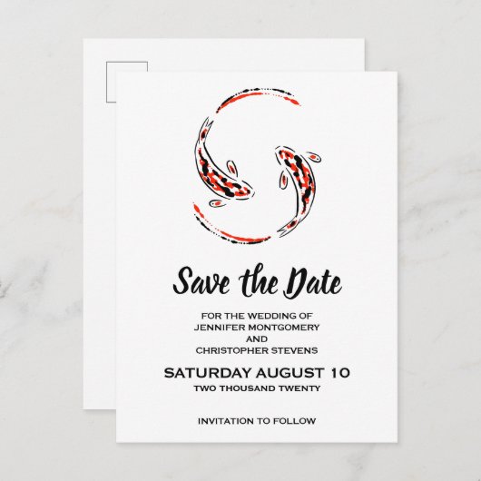 Zwart & Rood Aziatisch Koi Vis Bruiloft Save the D Uitnodiging Briefkaart (Voorkant / Achterkant)