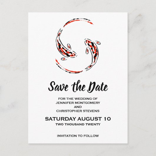 Zwart & Rood Aziatisch Koi Vis Bruiloft Save the D Uitnodiging Briefkaart (Voorkant)