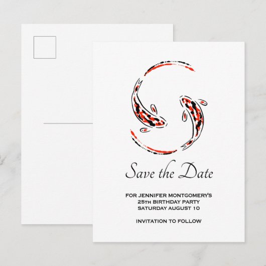 Zwart & Rood Aziatisch Koi Vis Verjaardag Save the Uitnodiging Briefkaart (Voorkant / Achterkant)