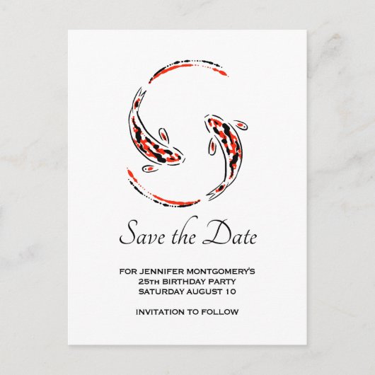 Zwart & Rood Aziatisch Koi Vis Verjaardag Save the Uitnodiging Briefkaart (Voorkant)