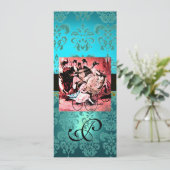 ZWART ROOD BLAUW FIETS TROUWEN DAMAST MONOGRAM KAART (Staand voorkant)