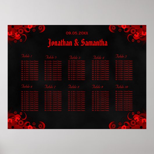 Zwart & Rood Bloemen 10 Bruiloft Tafels Zitgrafiek Poster (Voorkant)