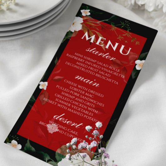 Zwart Rood Bloemen Bruiloft Menu