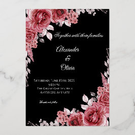 Zwart & rood bloemen bruiloftsinvitaties | Elegant Folie Uitnodiging