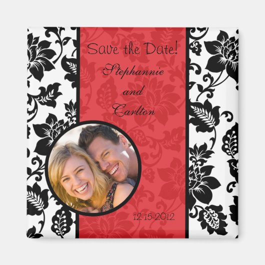 Zwart/Rood Bloemen Damask Aankondiging Magneet (Voorkant)
