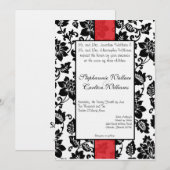 Zwart/Rood Bloemen Damask Bruiloft Uitnodiging (Voorkant / Achterkant)