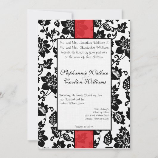 Zwart/Rood Bloemen Damask Bruiloft Uitnodiging (Voorkant)