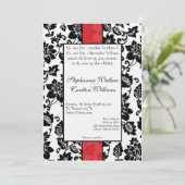 Zwart/Rood Bloemen Damask Bruiloft Uitnodiging (Staand voorkant)