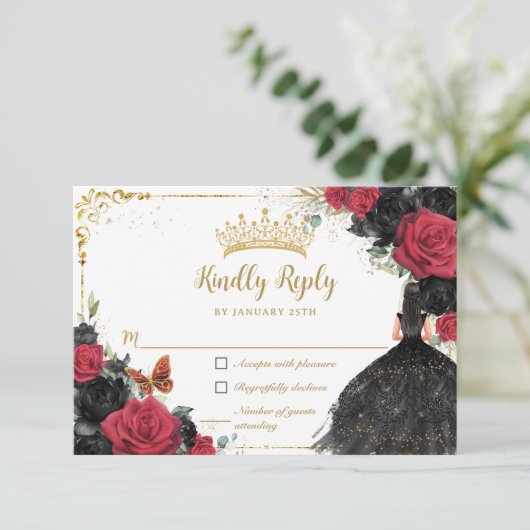 Zwart Rood Bloemen Goud Princess Gown Quinceañera RSVP Kaartje (Staand voorkant)